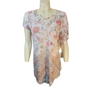 NEW One World Pink Floral Paisley Studded V-Neck Tunic Top Women's Size Small